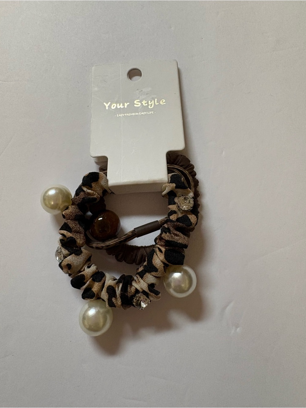 Your style Leopard Print Pearl Hair Tie Set - Brown